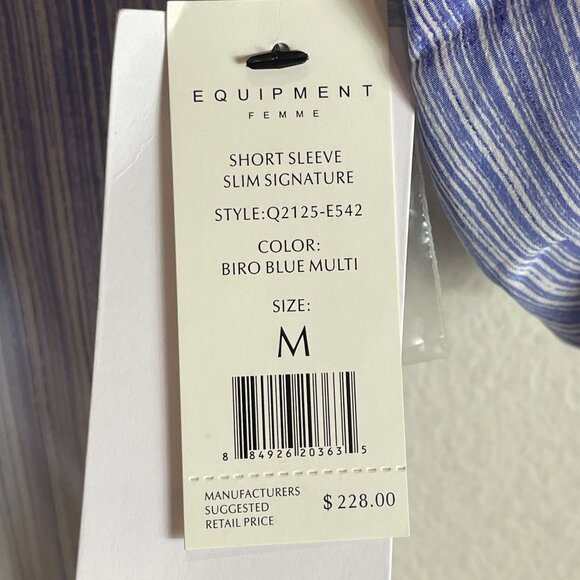 NEW Equipment Womens Medium Biro Blue Multi Short Sleeve 100% Silk Shirt Blouse - Picture 4 of 10